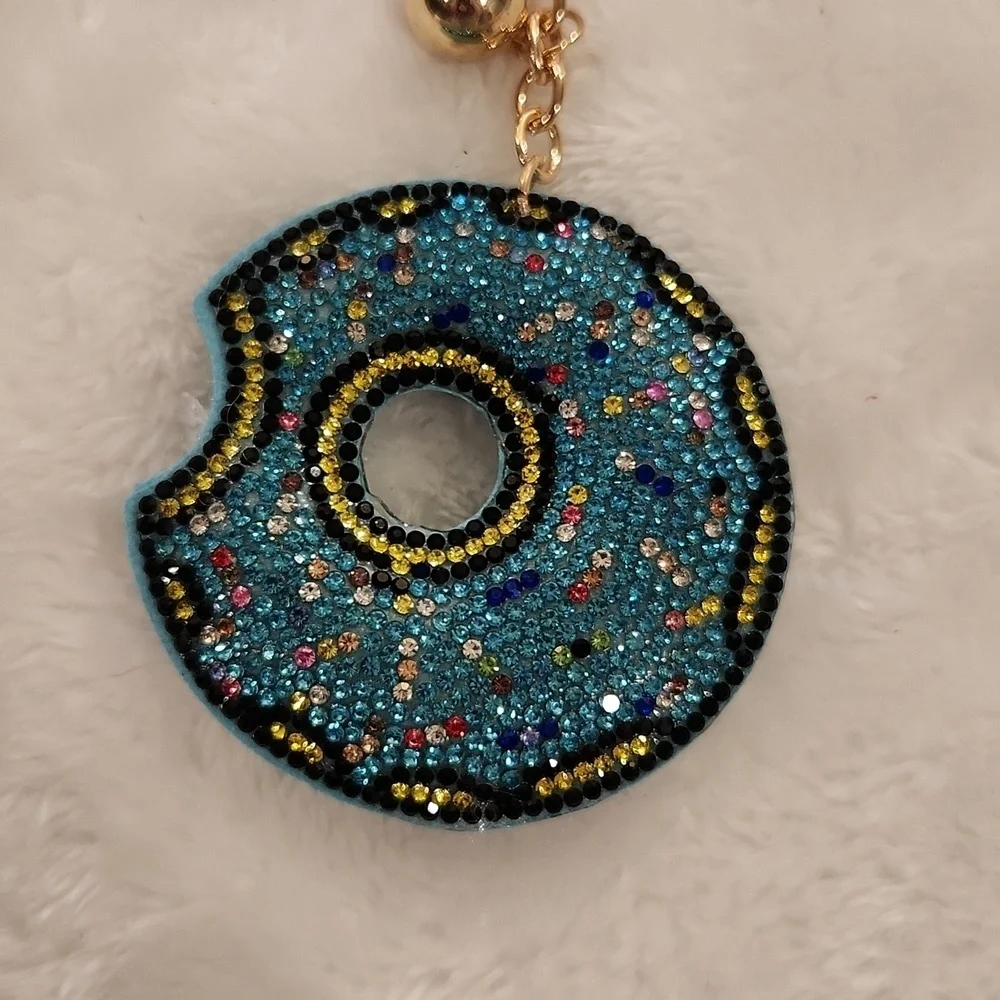 Donut Blue Rhinestone Keychain with Tassel Bag Charm